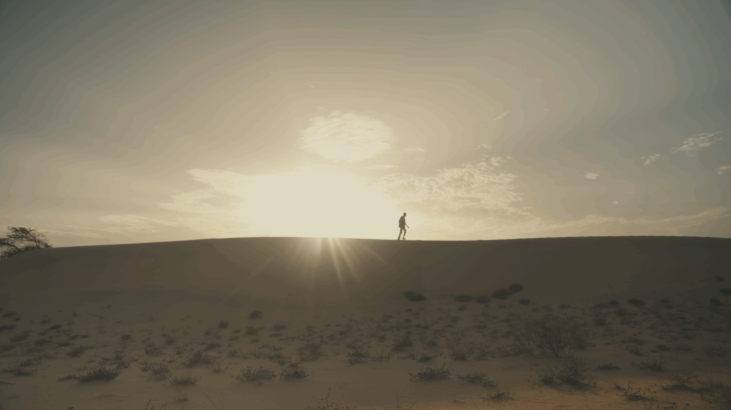 Extrait du film IN-OUT Un homme seul dans le désert au coucher du soleil.
